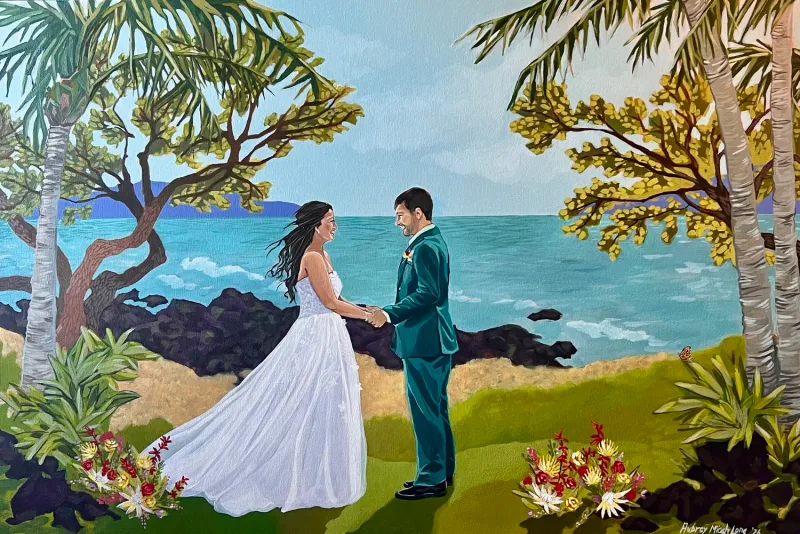 Finished live wedding painting of a couple at a tropical destination venue