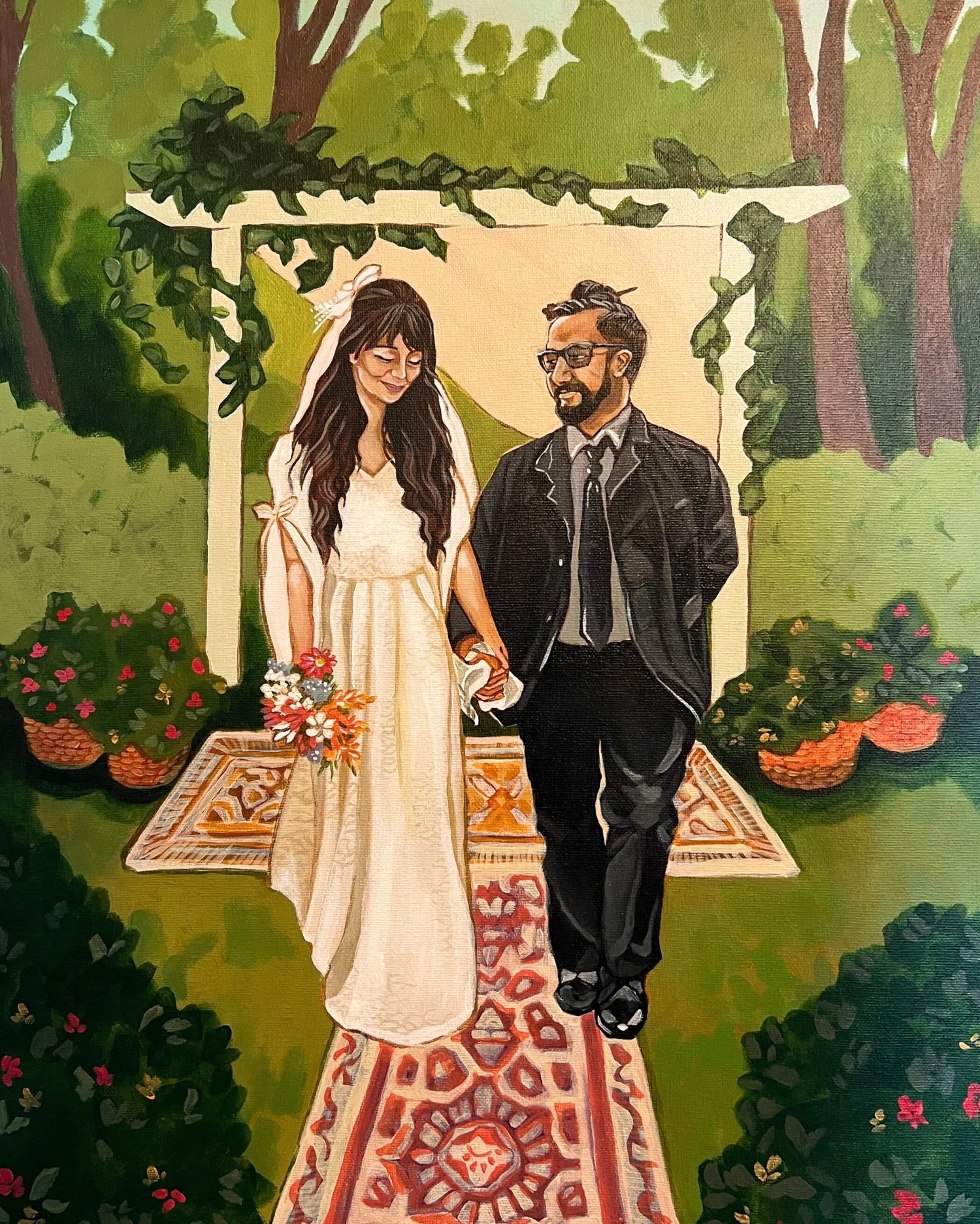 Live wedding painting of bride and groom walking down the aisle