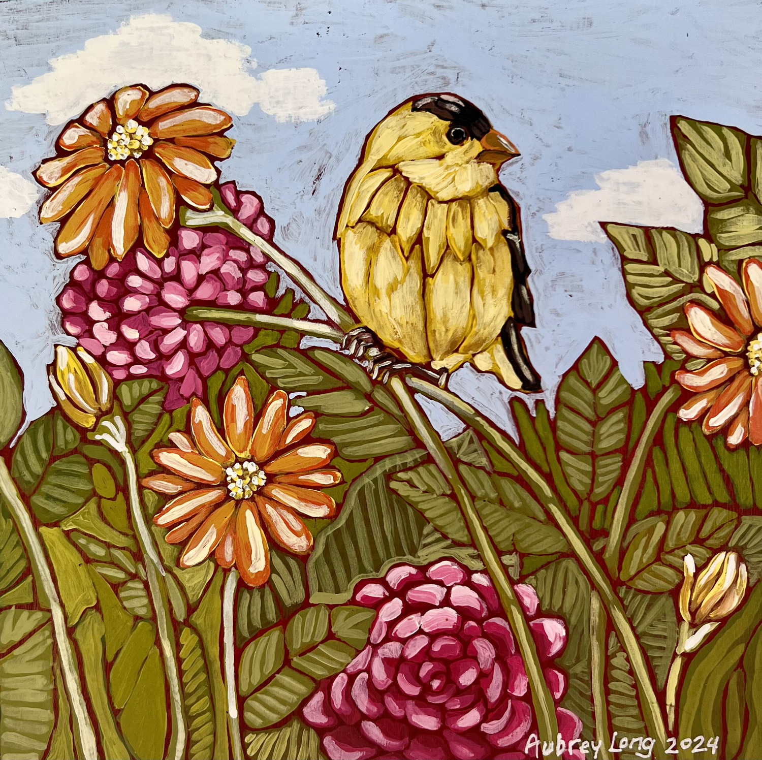 Studio painting — birds and flowers by Aubrey Long